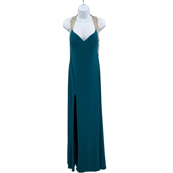 La Femme Prom Dress SZ 6 Teal Sleeveless Formal Embellished Lace Strap Racerback - Picture 2 of 16